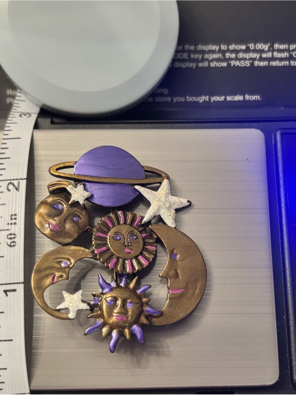 Vintage Celestial Sun, Moon & Stars Brooch - Purple & Gold Pin, Fun, Whimsical. - Picture 4 of 4